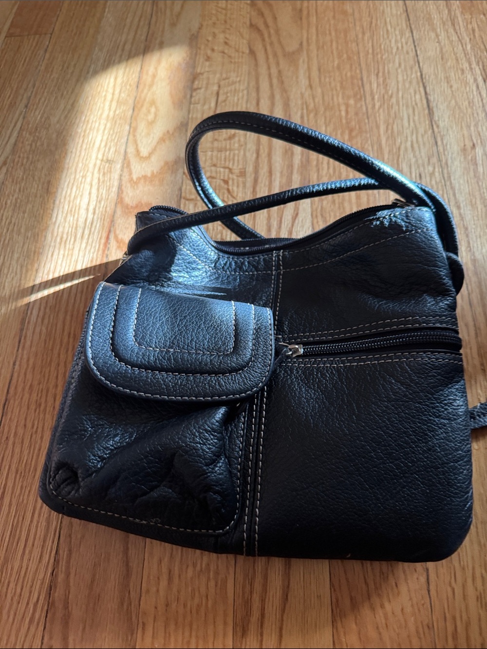 Tignanello Black Leather Shoulder Bag with Front Flap Pocket